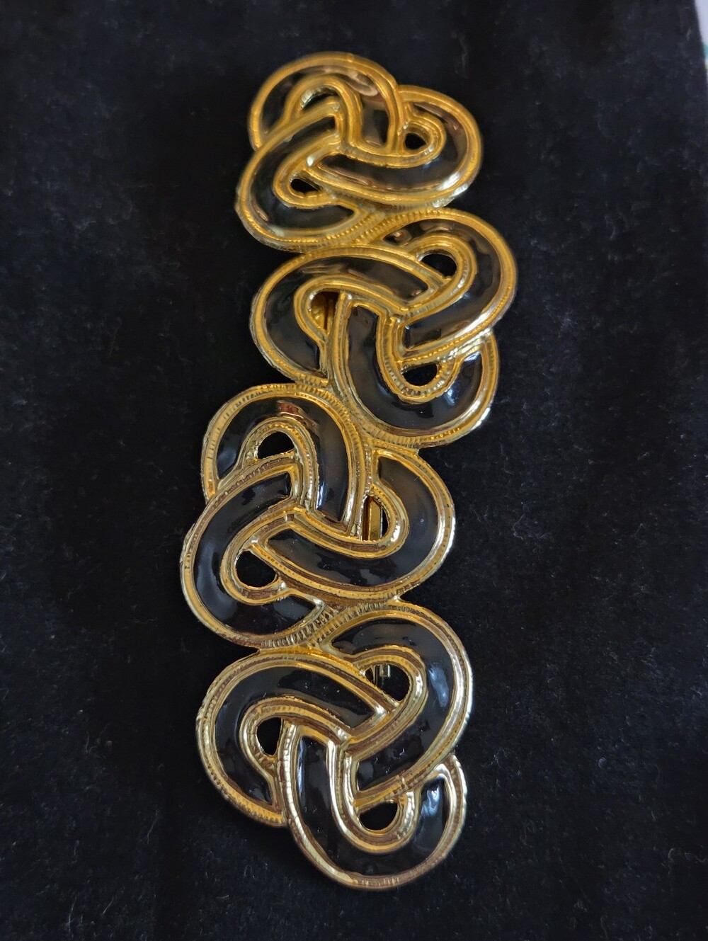 Vintage 80s Hair Barrette Black Enamel Heavy Gold Metal Hair Accessories